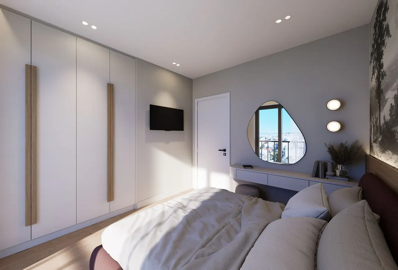 Concept render of a bedroom with fitted wardrobes and a mirror (the B2 layout)
