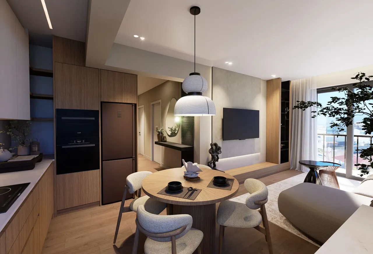 Concept render of a living room seen from the kitchen corner, with a sofa and the balcony window (the B2 layout)