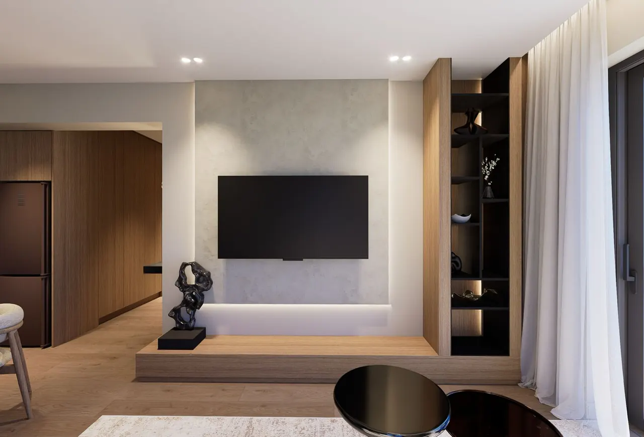 Concept render of a living-room TV wall with shelving (the B2 layout)