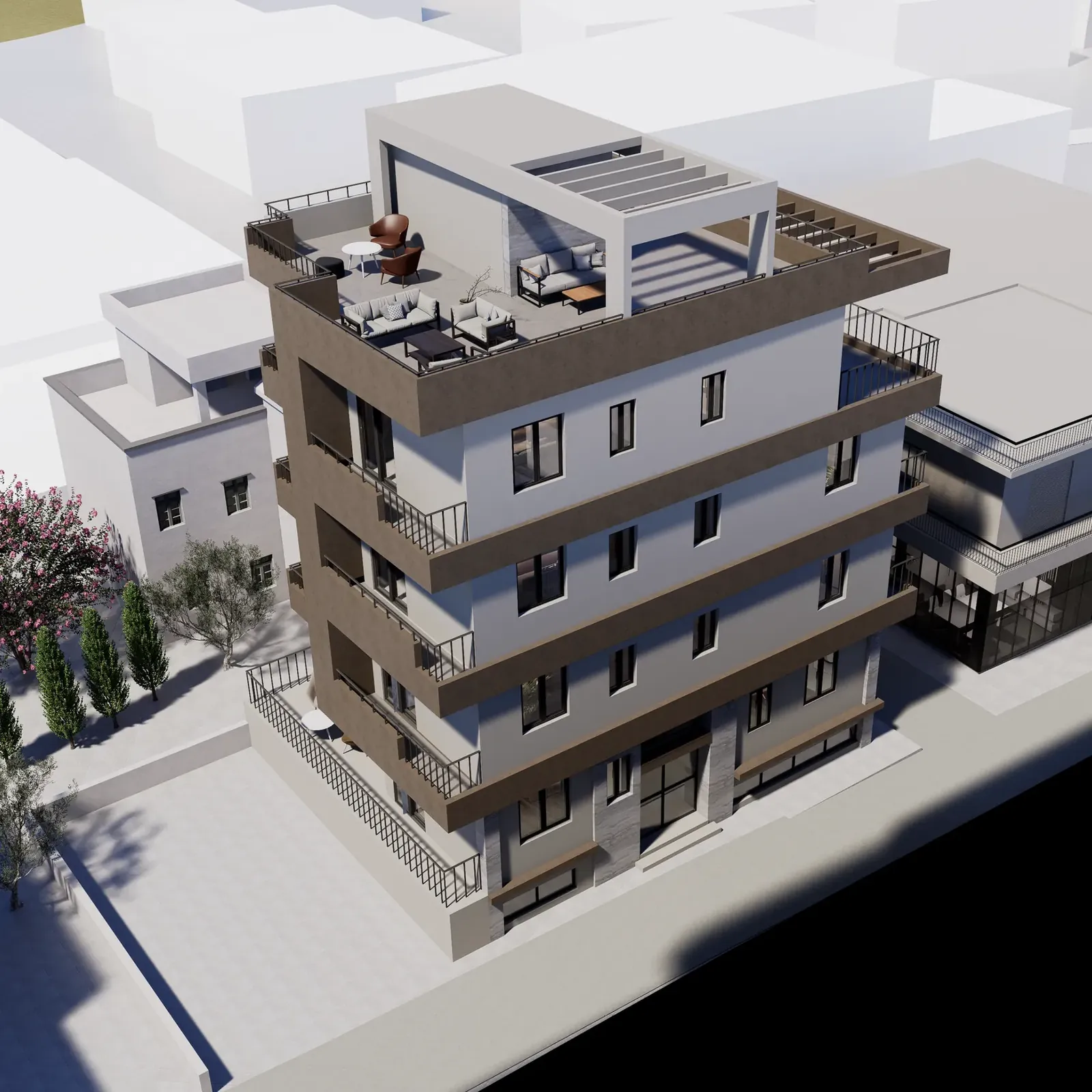 Concept render from above of the roof garden planned with the penthouse C1: pergola, seating and planters